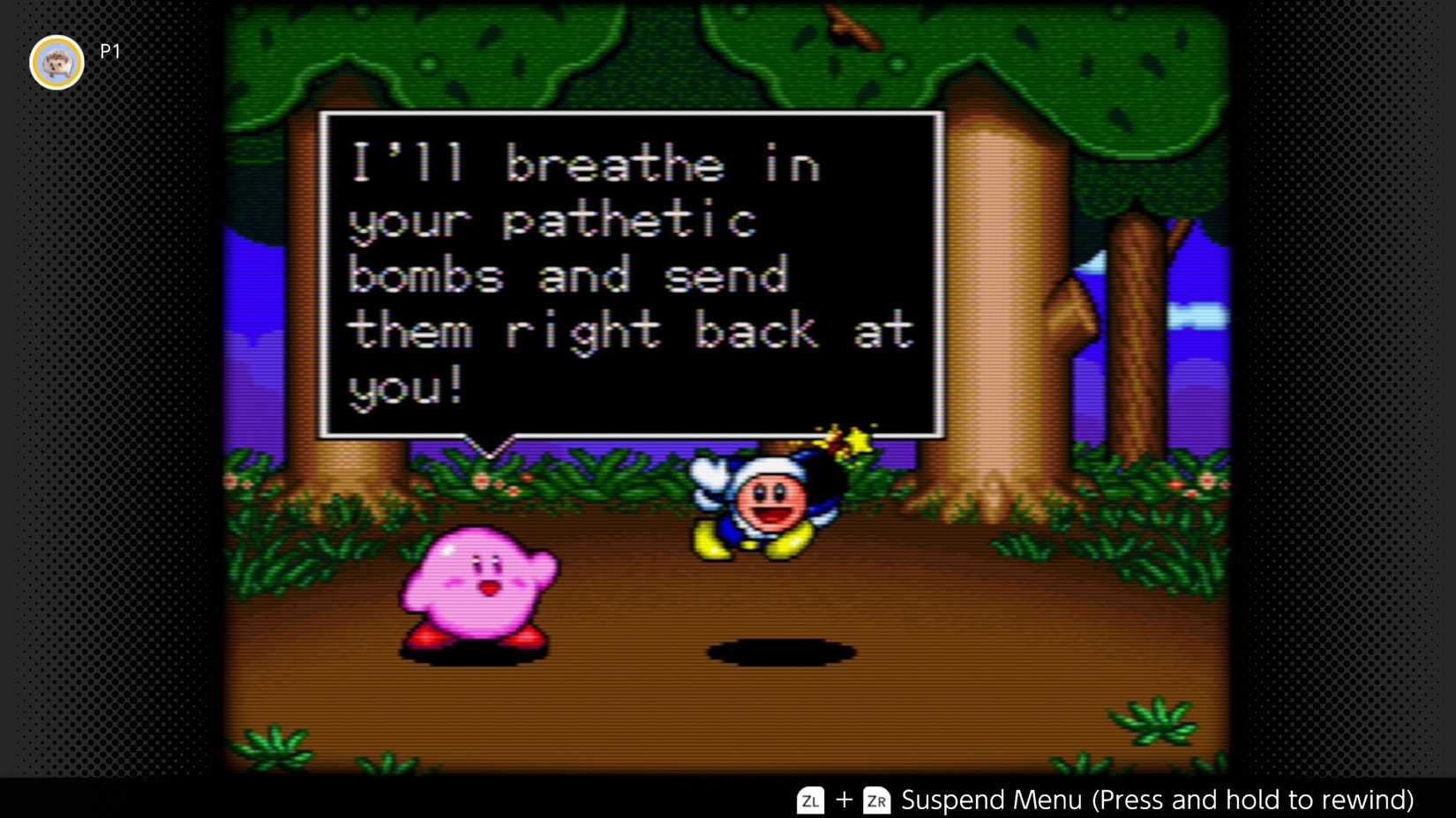 Kirby trash talking Poppy Bros. Senior's bombs in Kirby's Avalanche