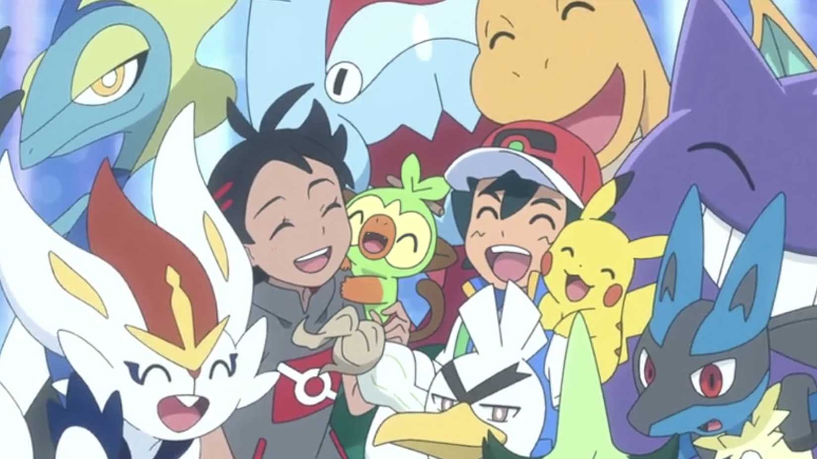 A photo Ash and Goh took with their respective Pokemon teams, laughing together