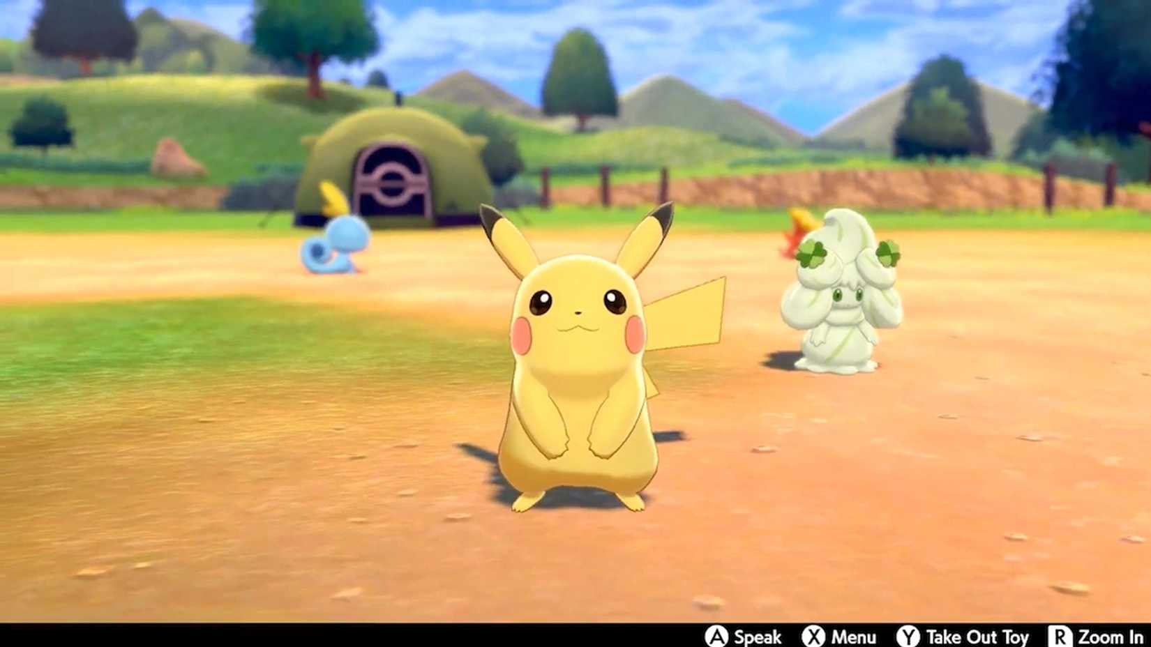 Pikachu, Sobble, and Alcreamy from Pokemon Camp in Pokemon Sword and Shield