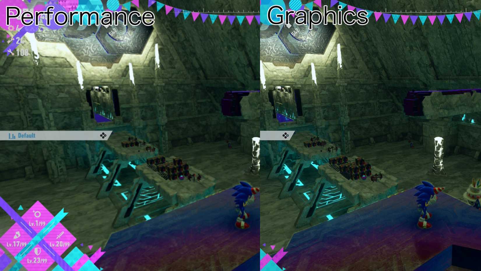 Sonic standing in a temple at Chaos Island, but with the left side in performance priority mode and the right side in graphics priority mode in Sonic Frontiers Definitive Edition