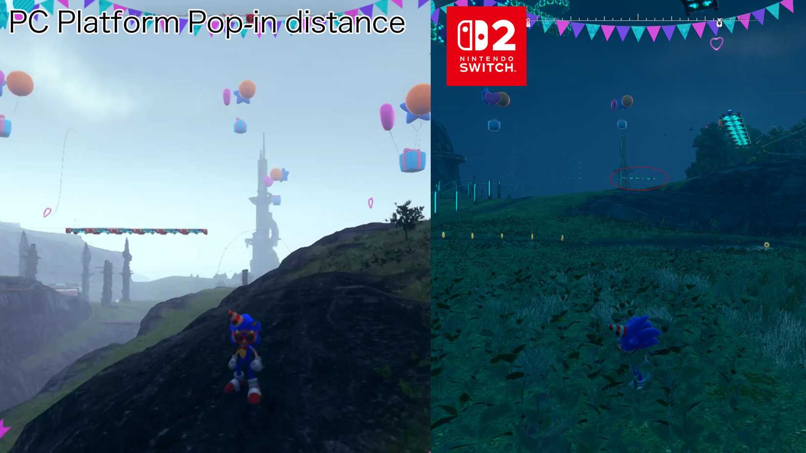 Sonic standing by a long platform on Kronos Island in Sonic Frontiers on PC and Switch 2 to show how the pop-in situation has improved