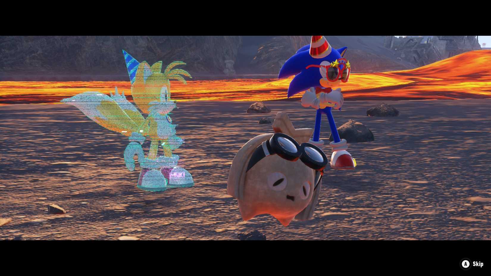 Sonic and Tails standing behind the apprentice Koco in Sonic Frontiers Definitive Edition