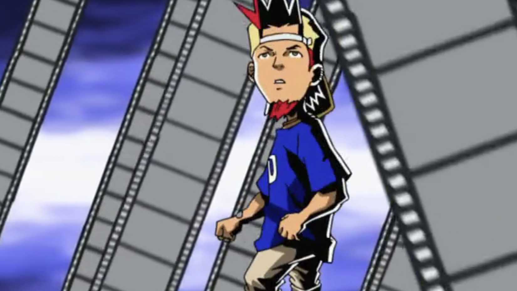 Joe surrounded by film strips in Movie Land in the Viewtiful Joe anime