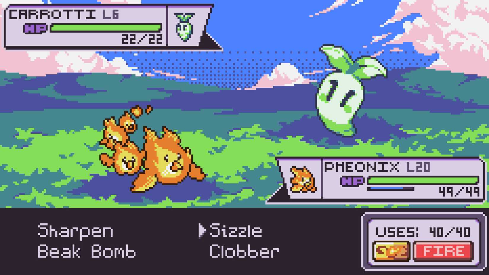 A battle between Pheonix and Carroti in Dokimon: Quest