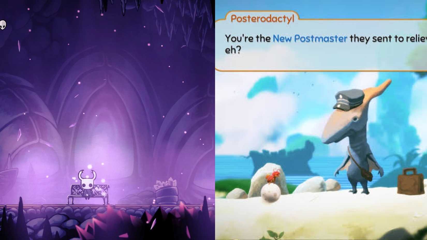 Side-by-side screenshots of Hollow Knight and Yoku's Island Express
