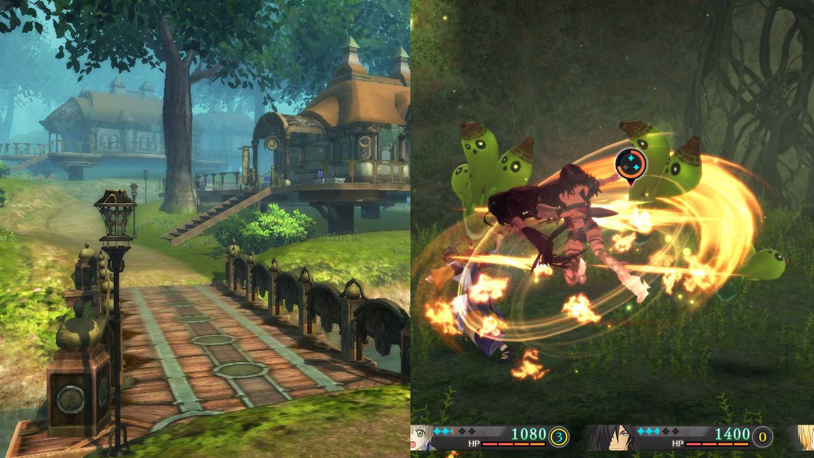 Images showcasing Tales of Zestiria's Marlind town and Tales of Berseria's combat