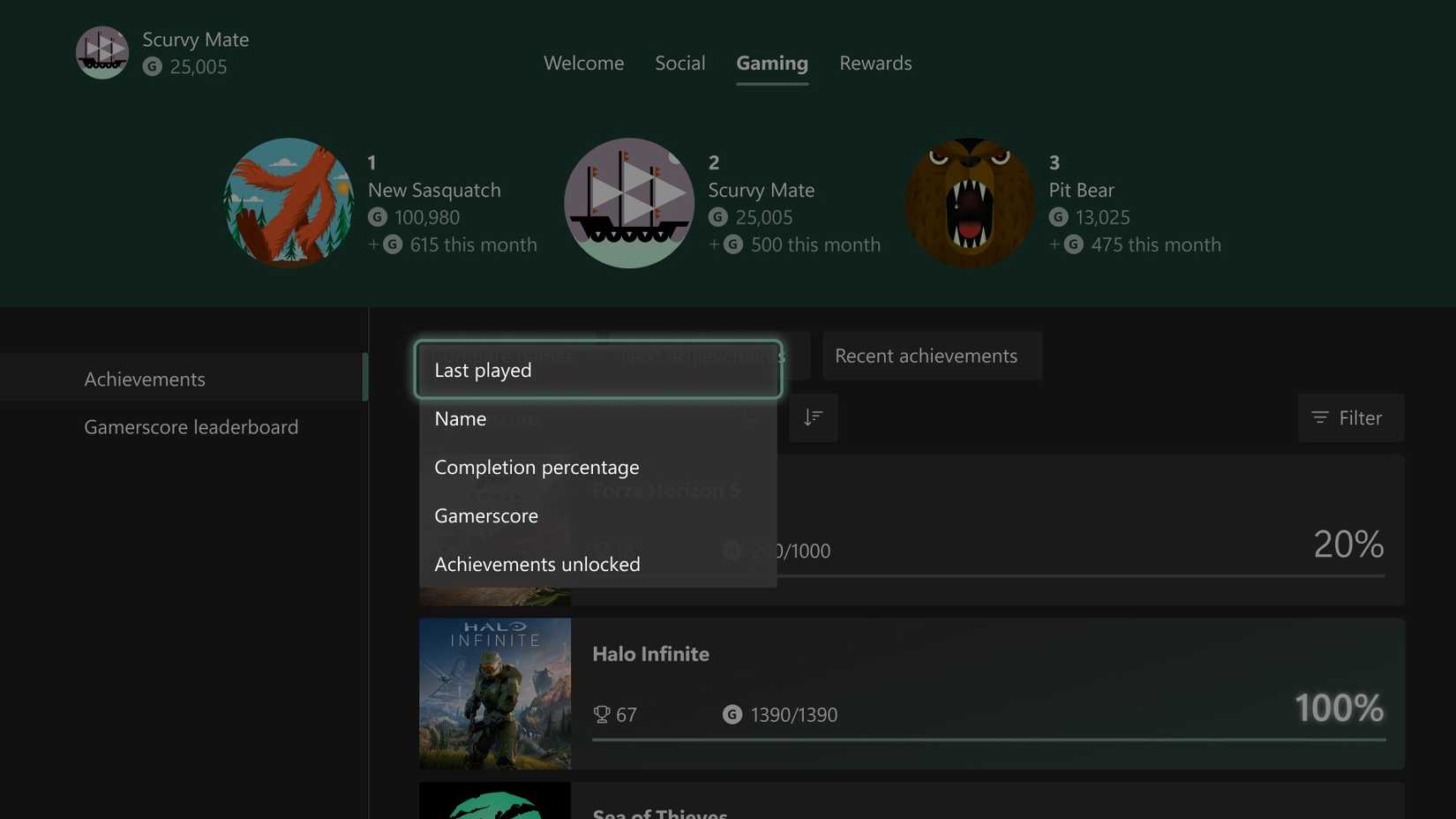 xbox achivements sorting update