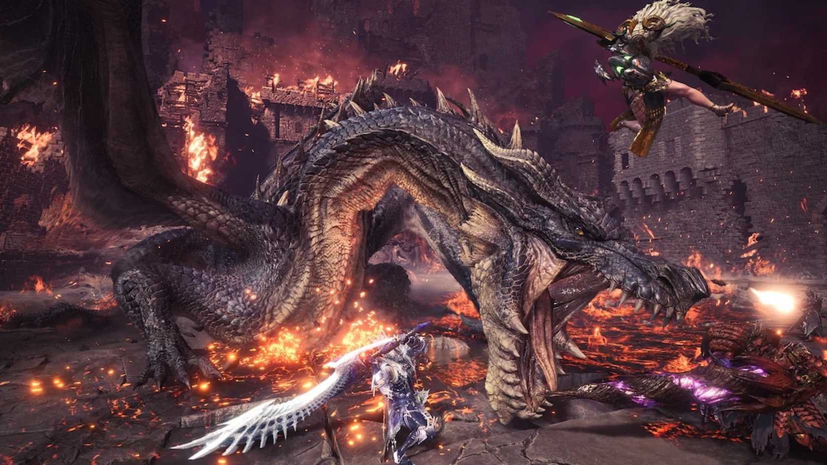 Fatalis fighting two hunter in Iceborne