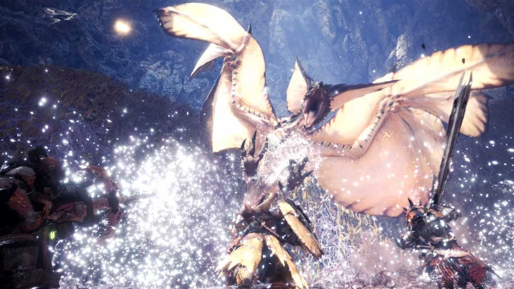 Legiana attacking two hunters in Monster Hunter World