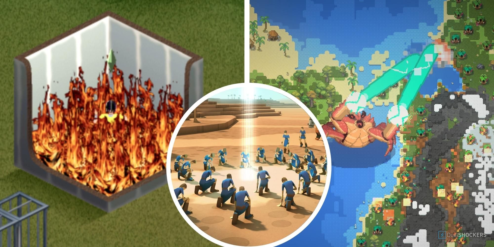 Left to right: Sim burning in a small house, villages kneeling around a beam of light, giant crab shooting lasers