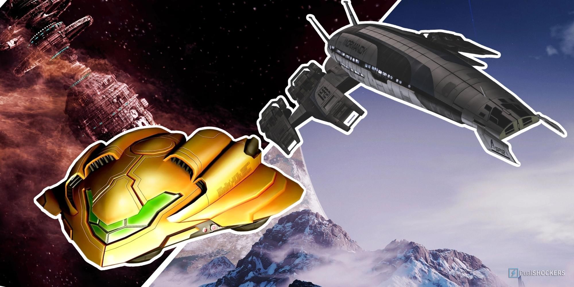 On the left, the gunship with a space station in the background; on the right, the Normandy with a Halo ring behind it
