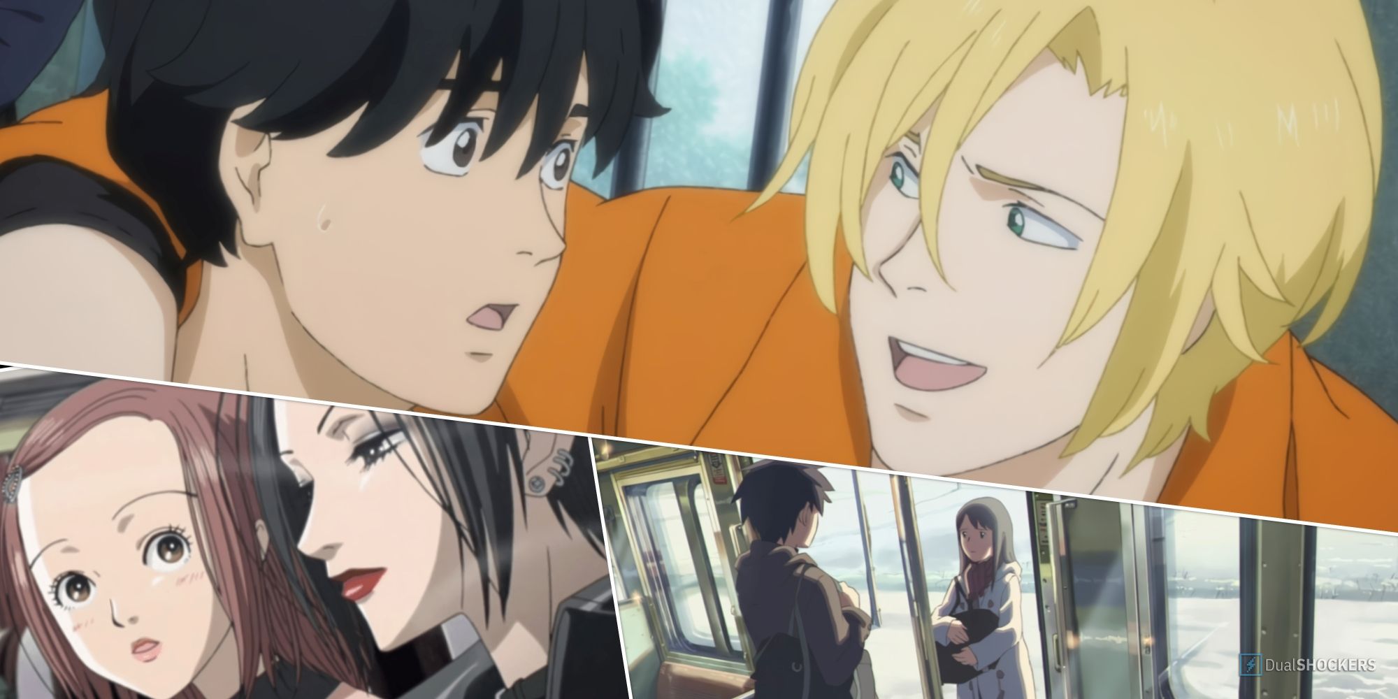 A collage depicting the protagonists of Banana Fish, Nana, and Five Centimeters Per Second