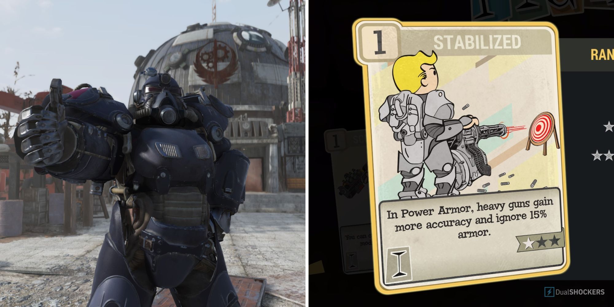 Best Power Armor Build Fallout 76 Article Cover player thumbs up in power armor and vault boy in power armor shooting at target with minigun