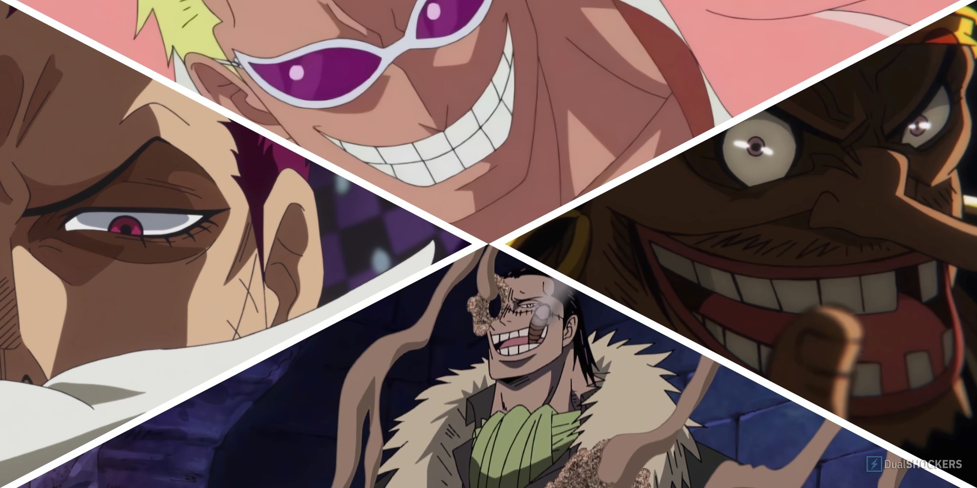 Collage of Katakuri, Doflamingo, Crocodile, and Blackbeard