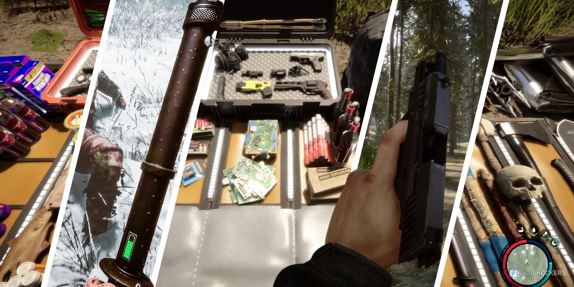 Player holding the stun baton next to player holding a pistol overlaying the player inventory