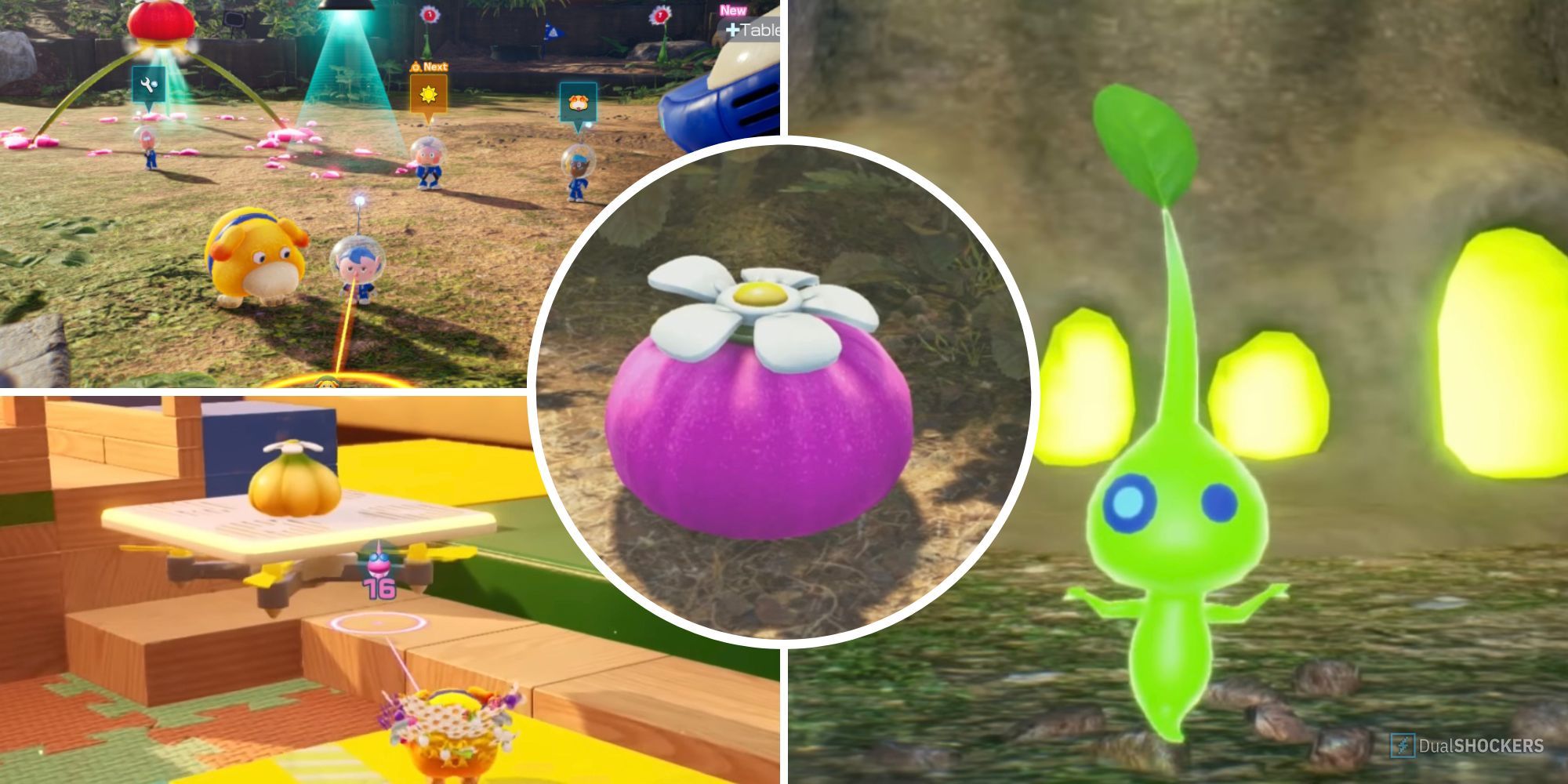 Pikmin 4 - Onion, Farlic, Oatchi, and Glow Pikmin Split Image