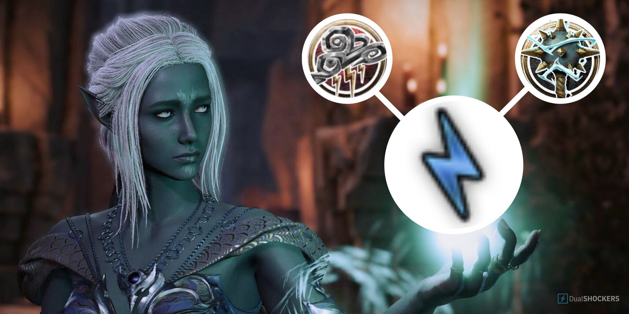 A drow cleric holding the lightning symbol