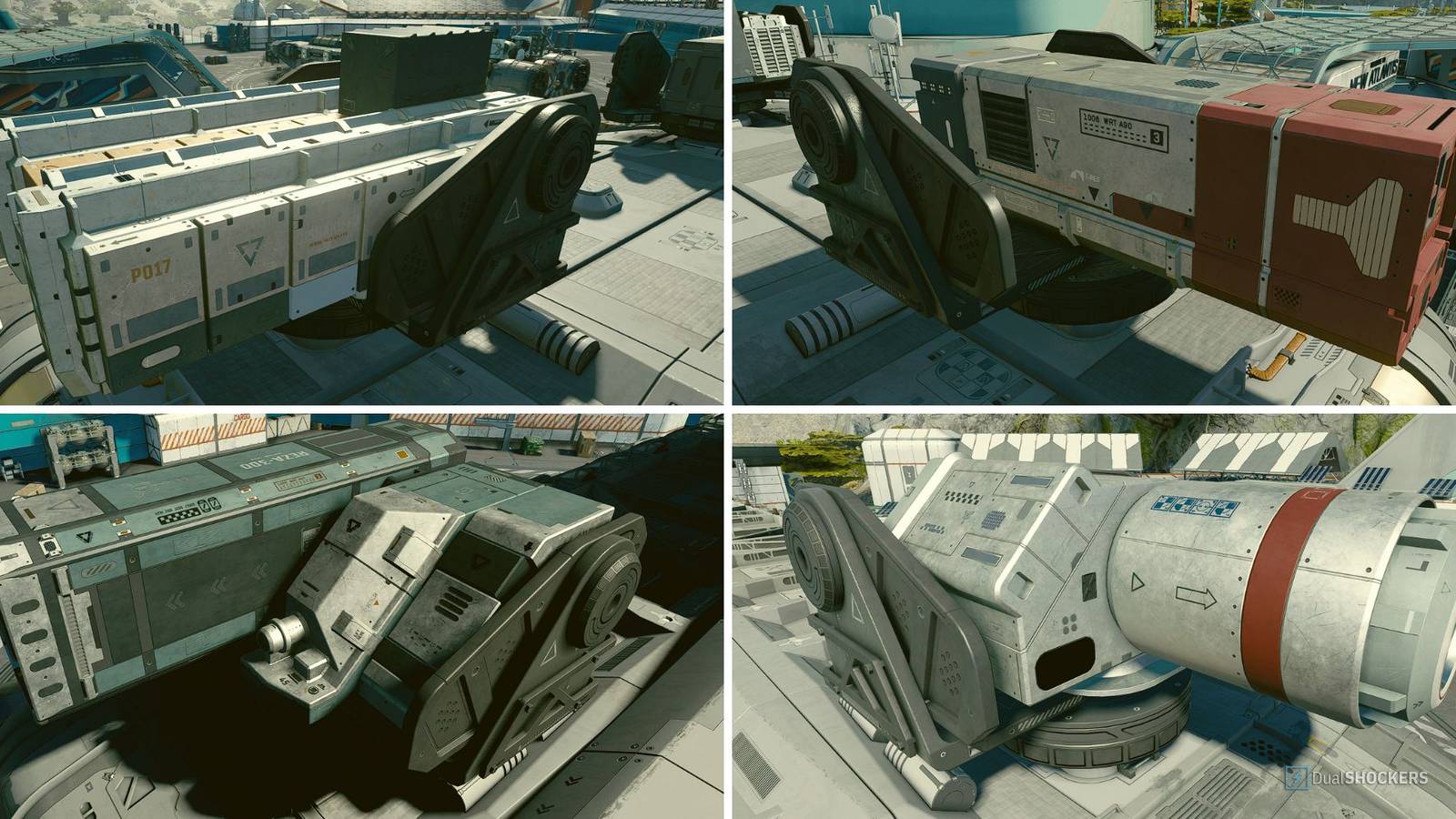 Some of Starfield's best auto turrets are displayed: ballistic, laser, and particle beams