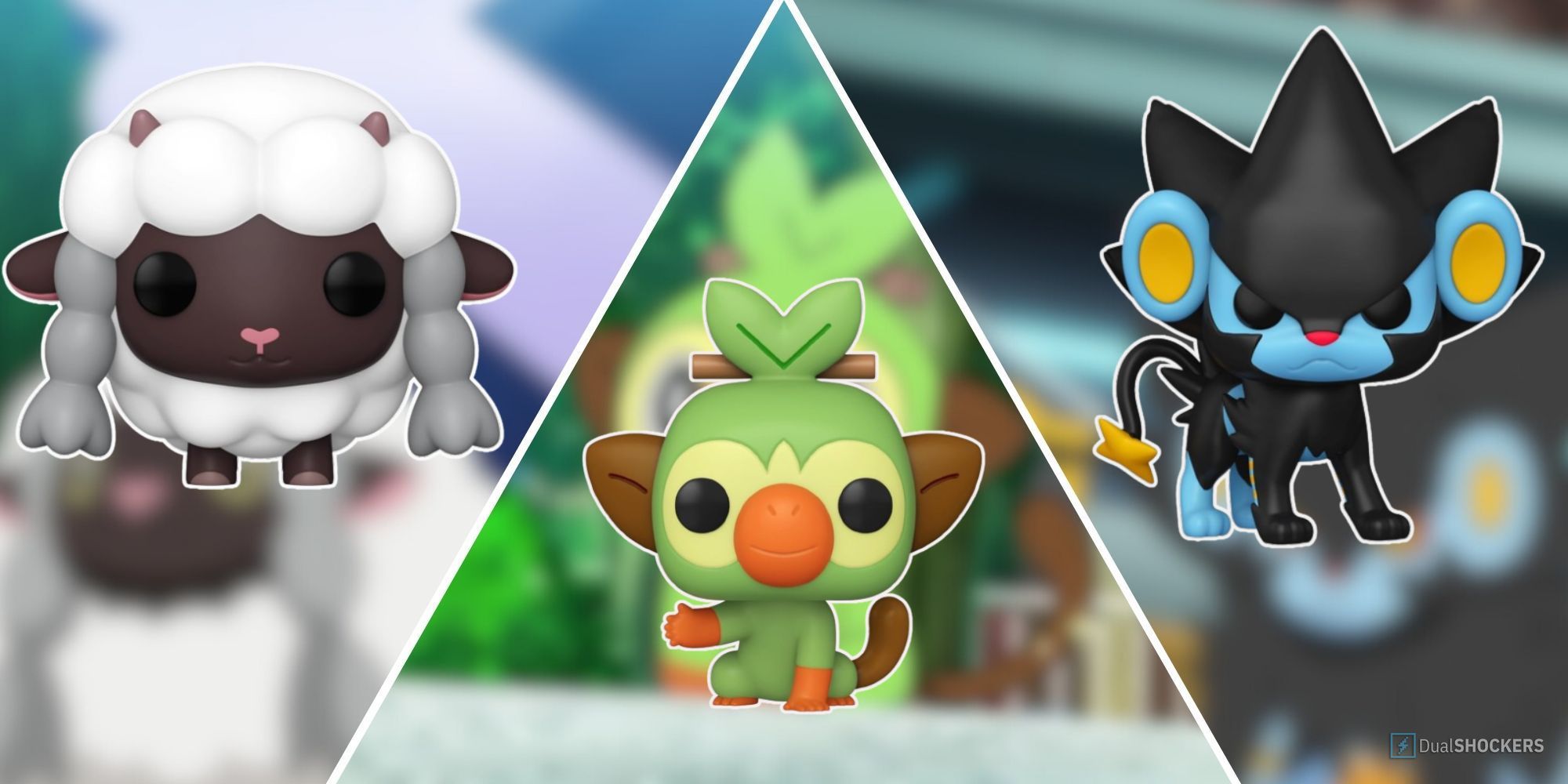 Split image with Funko Pops of Grookey, Wooloo, Luxray