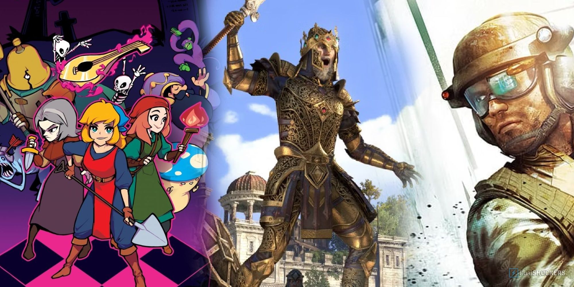 Collage of: Crypt of the necrodancer, ESO, GRAW