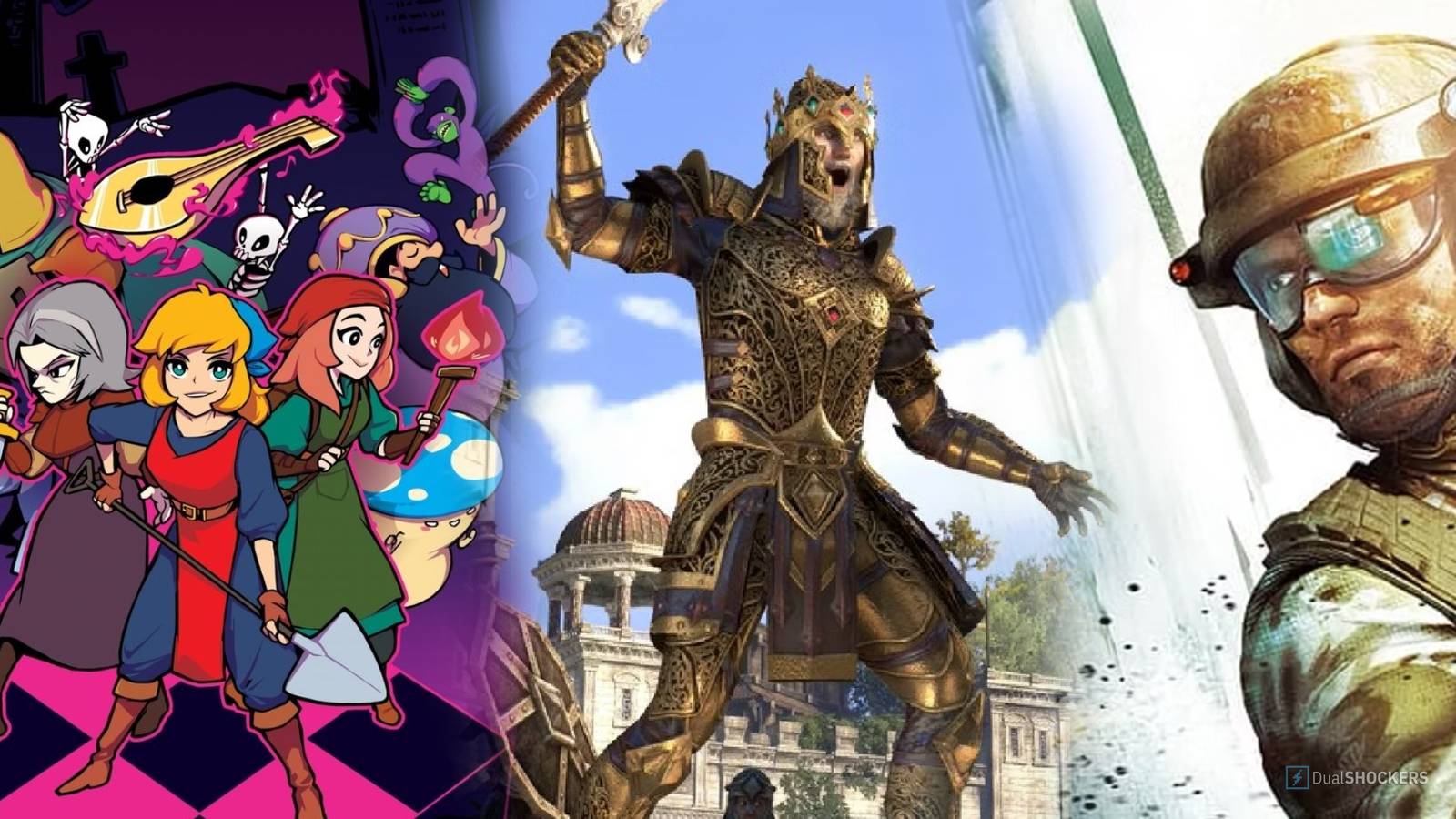 Collage of: Crypt of the necrodancer, ESO, GRAW