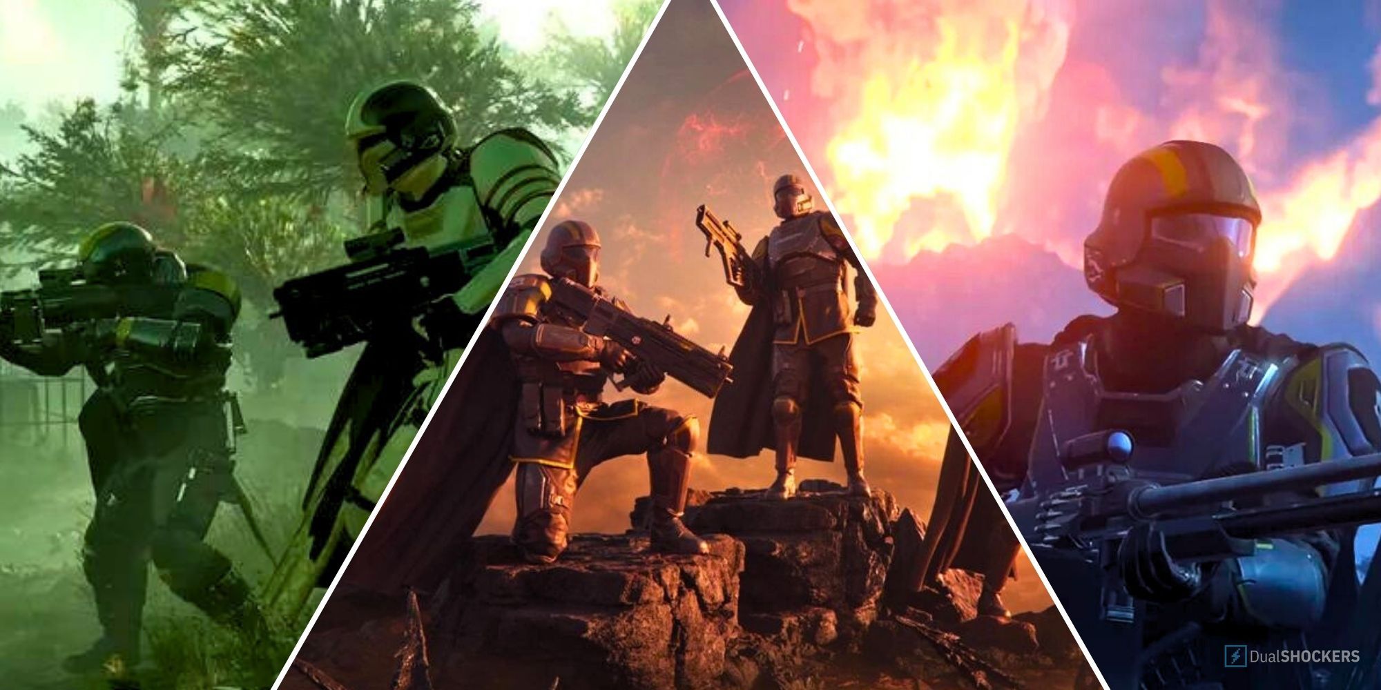 Split image with Helldivers holding guns in a forest, a desert, and in front of burning mountains.