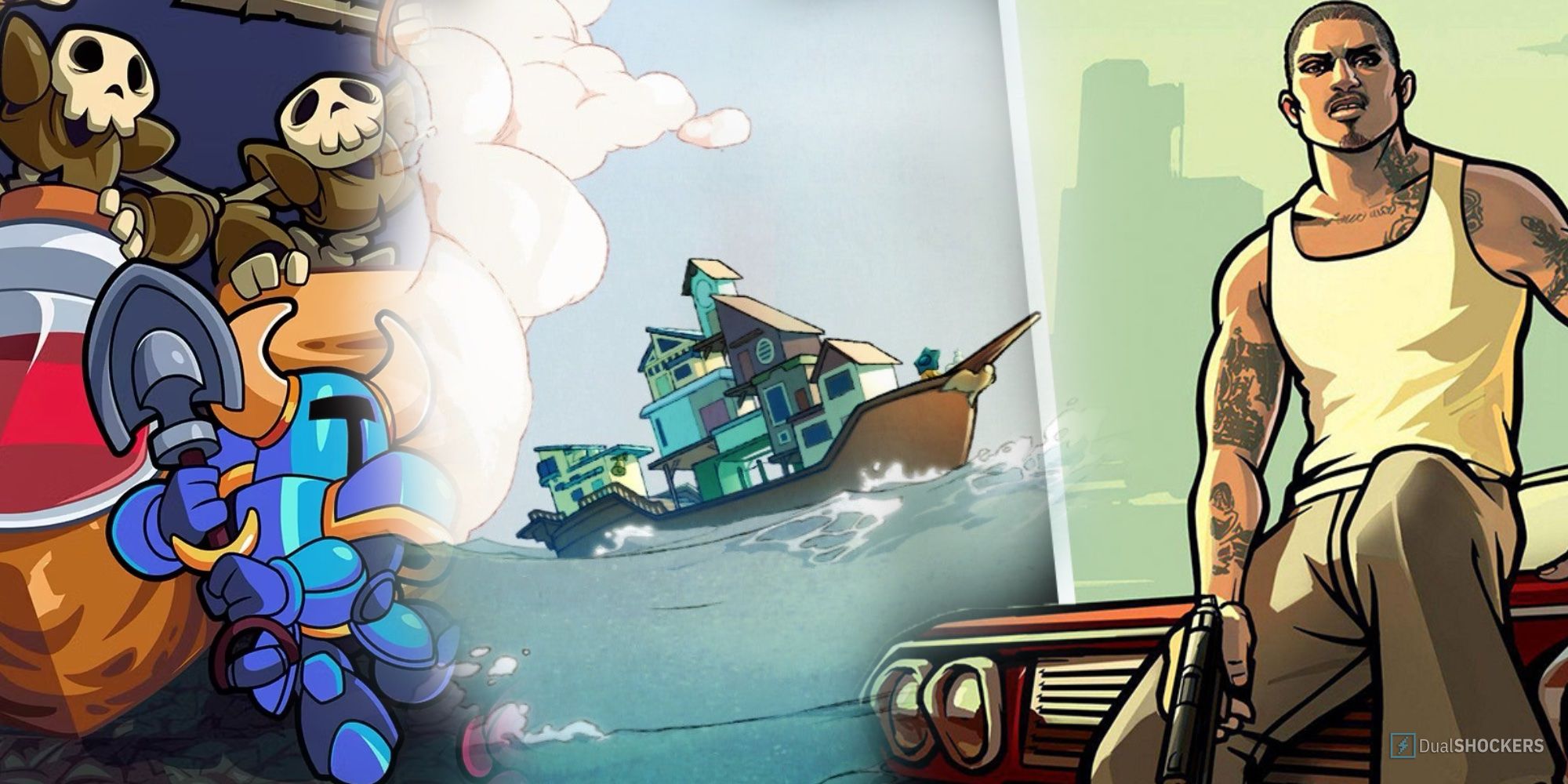 Collage of Shovel Knight, Spiritfarer, GTA