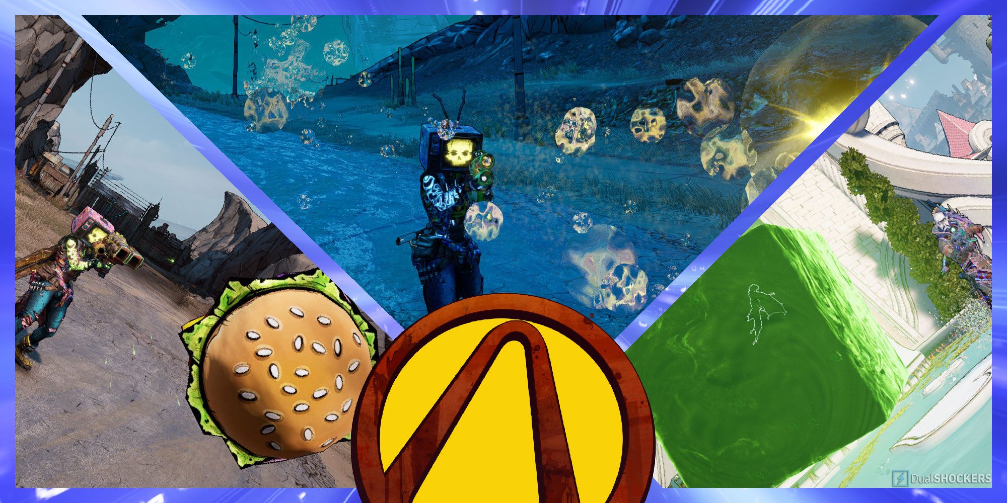 The Gettleburger, The Porta-Pooper 5000, and the Bubble Blaster from Borderlands