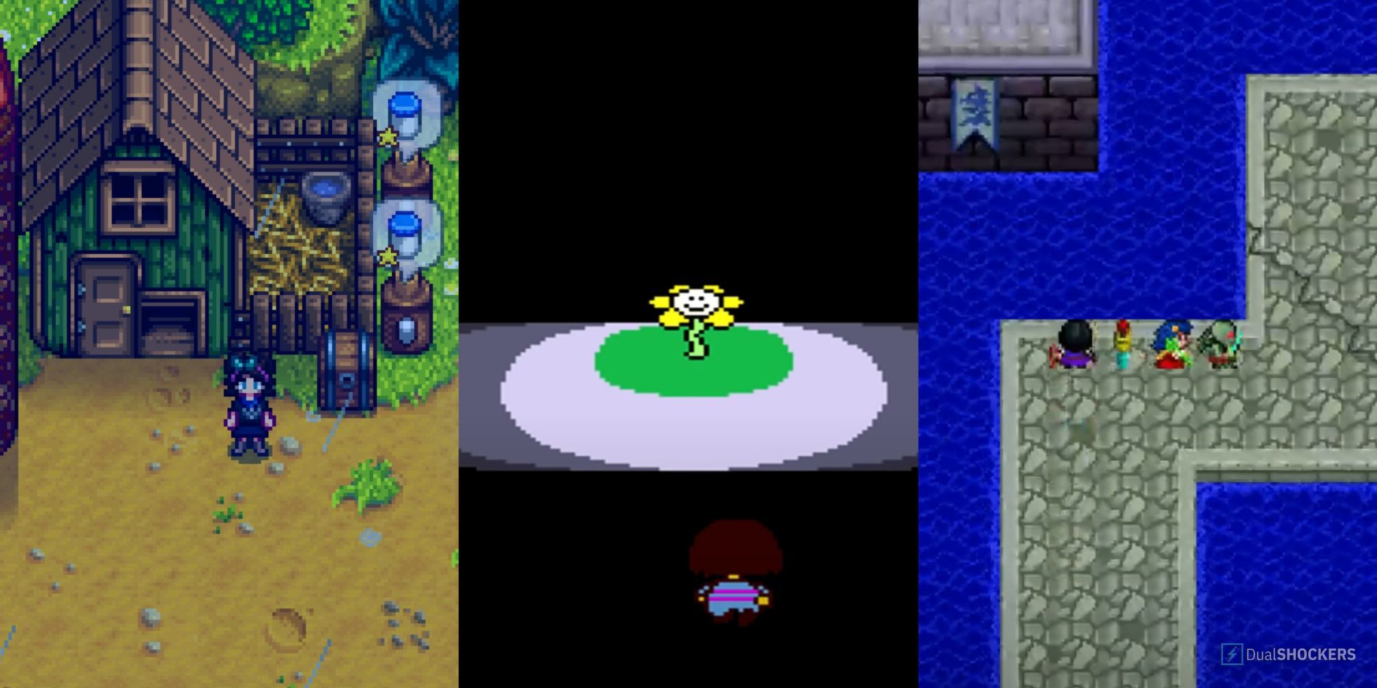 A split image of Stardew Valley, Undertale, and Cthulhu Saves The World screenshots