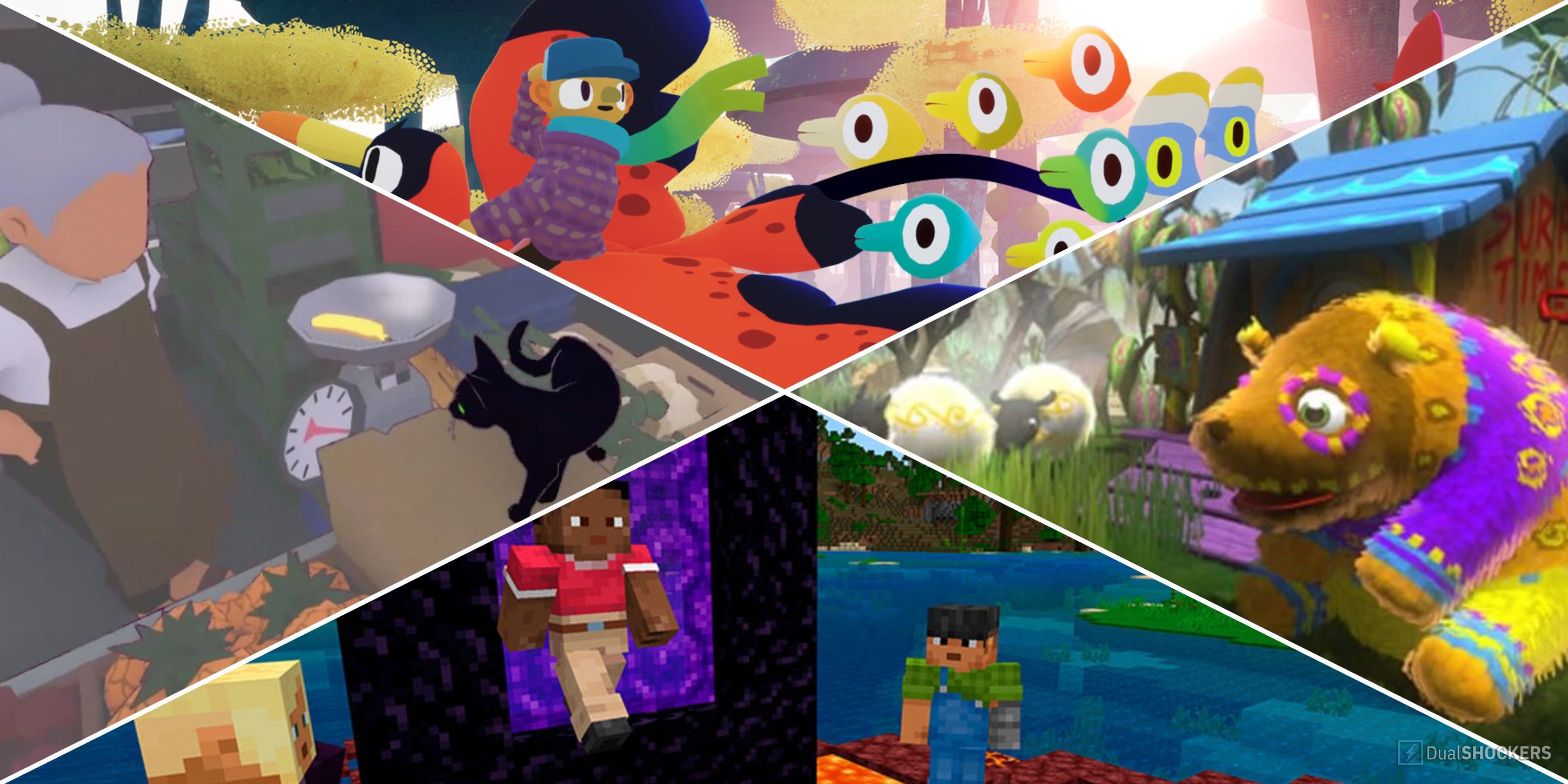 Split image of screenshots from Flock, Little Kitty Big City, Minecraft, and Viva Pinata