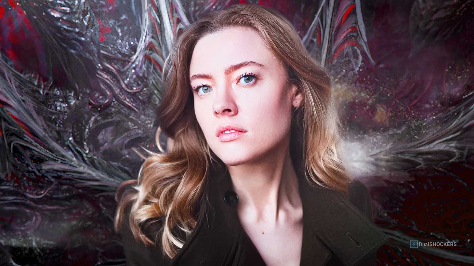 Jennifer English against a crimson backdrop.